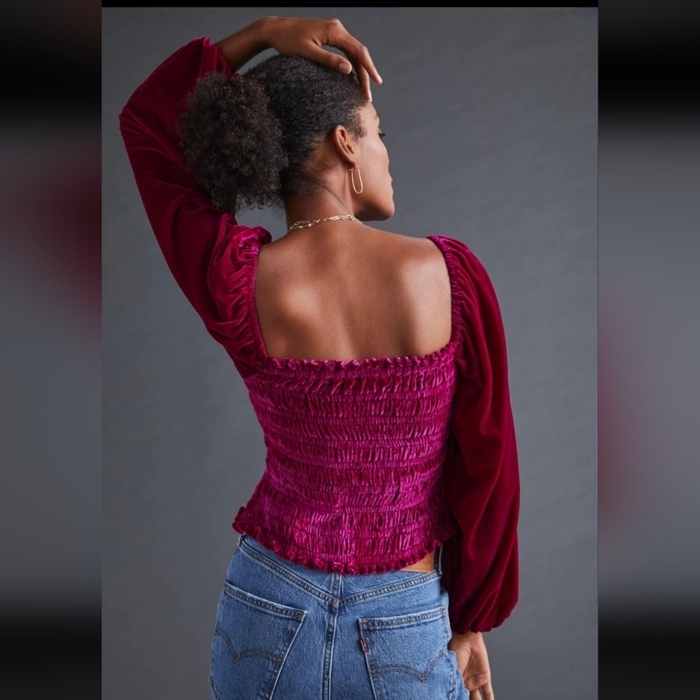 Anthropologie Puff Sleeve Velvet Fuschia Crop Blouse Size Large - Picture 7 of 7